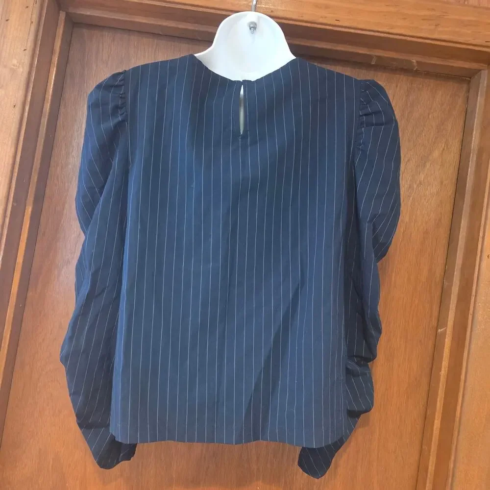 Zara Woman blue pinstripe ruched puff sleeve blouse sz XS